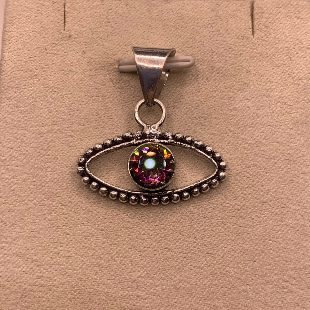 Dainty Mystic Topaz Lucky “Evil Eye” Pendant! .925 Sterling Overlay, Handmade!